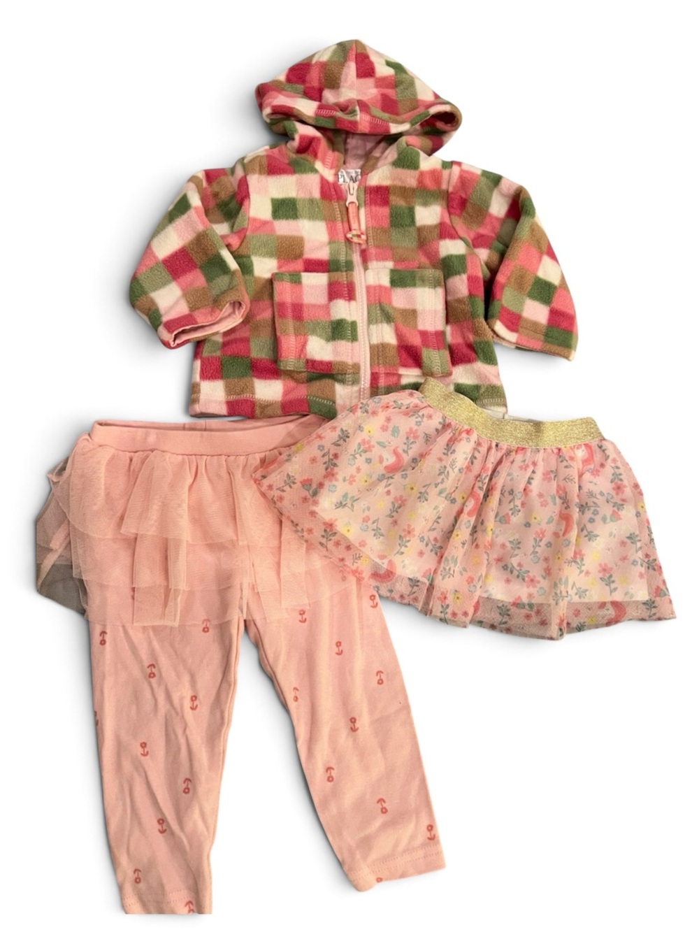 Carters Baby Girl 12 Months Plaid Fleece Hoodie Jacket Tutu Skirt Legging Lot